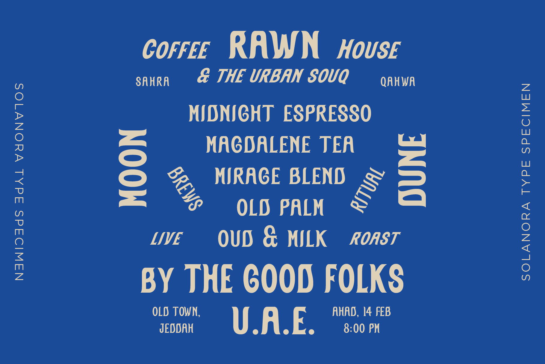 Coffee Rawn House event poster listing drinks, location in Jeddah UAE on blue