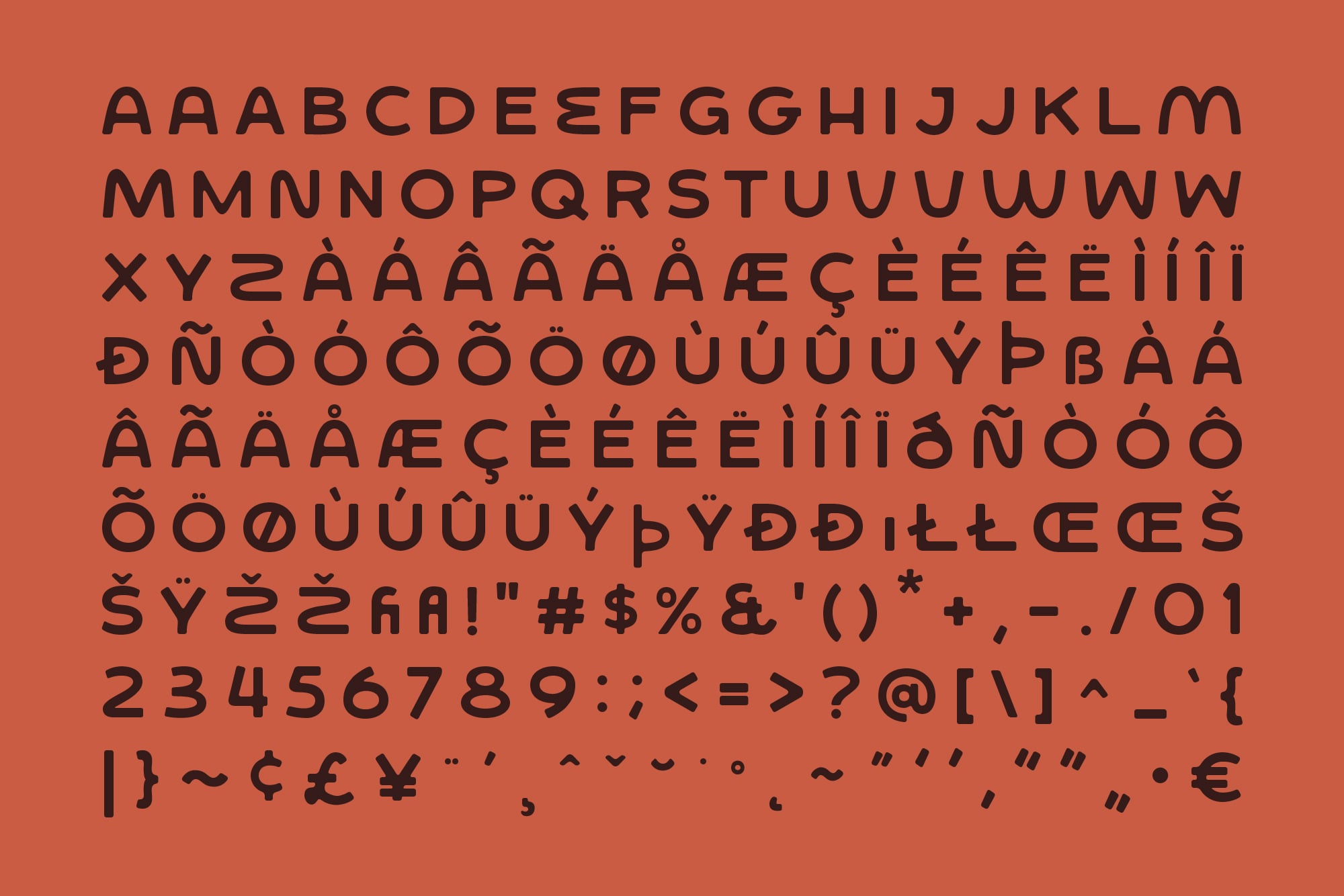 Complete character set of Woster Sans with accents, symbols, numbers on rust orange