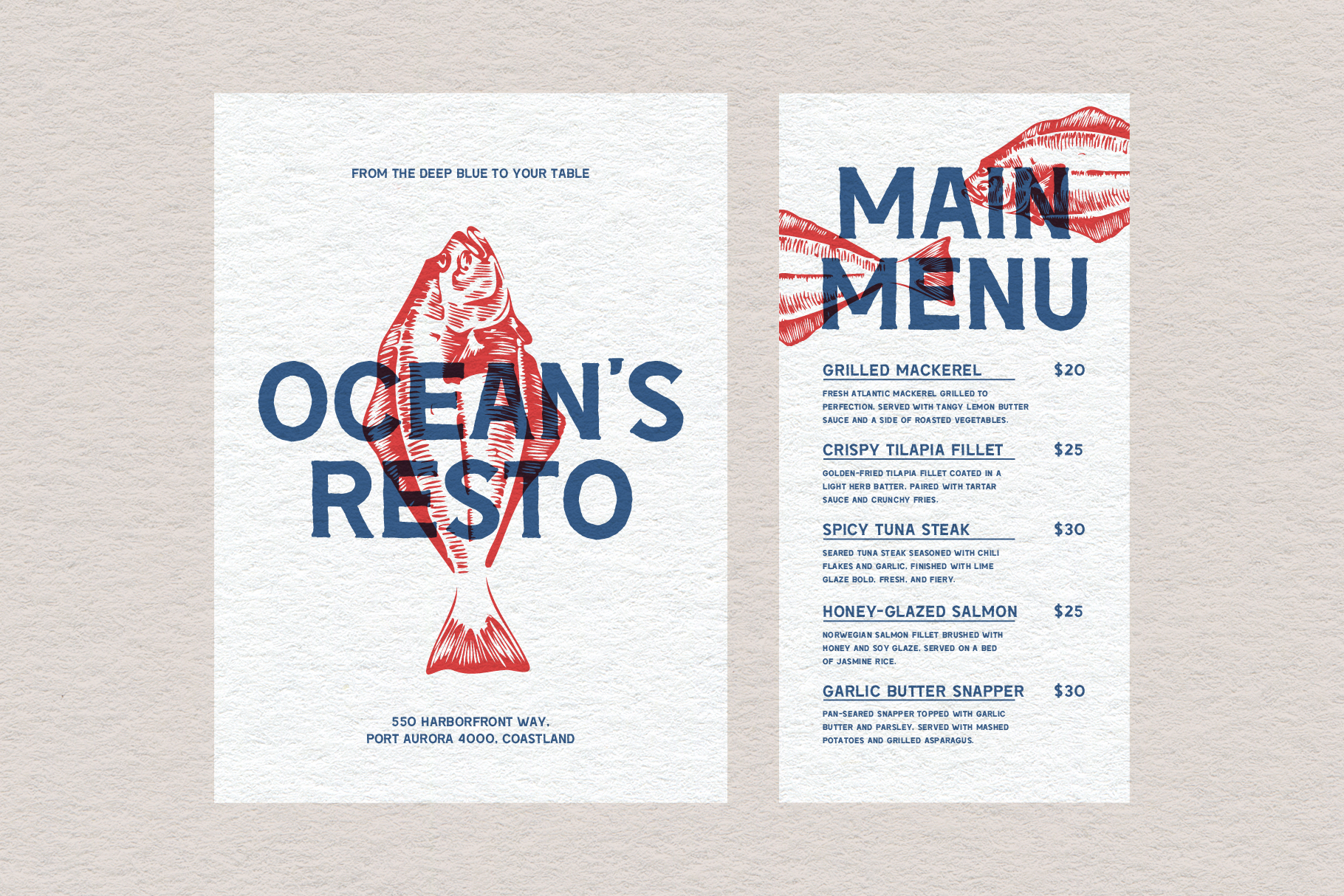 Nautical restaurant menu template featuring ocean-themed design with fish illustration and bold fonts. Ideal for seafood restaurant branding mockups.