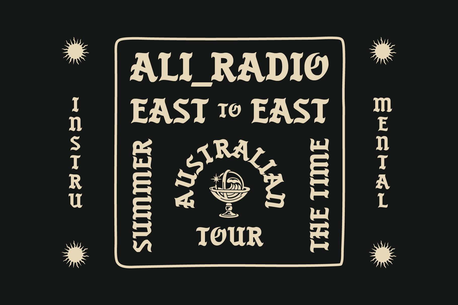 Vintage radio tour poster with celestial globe icon, cream lettering on black