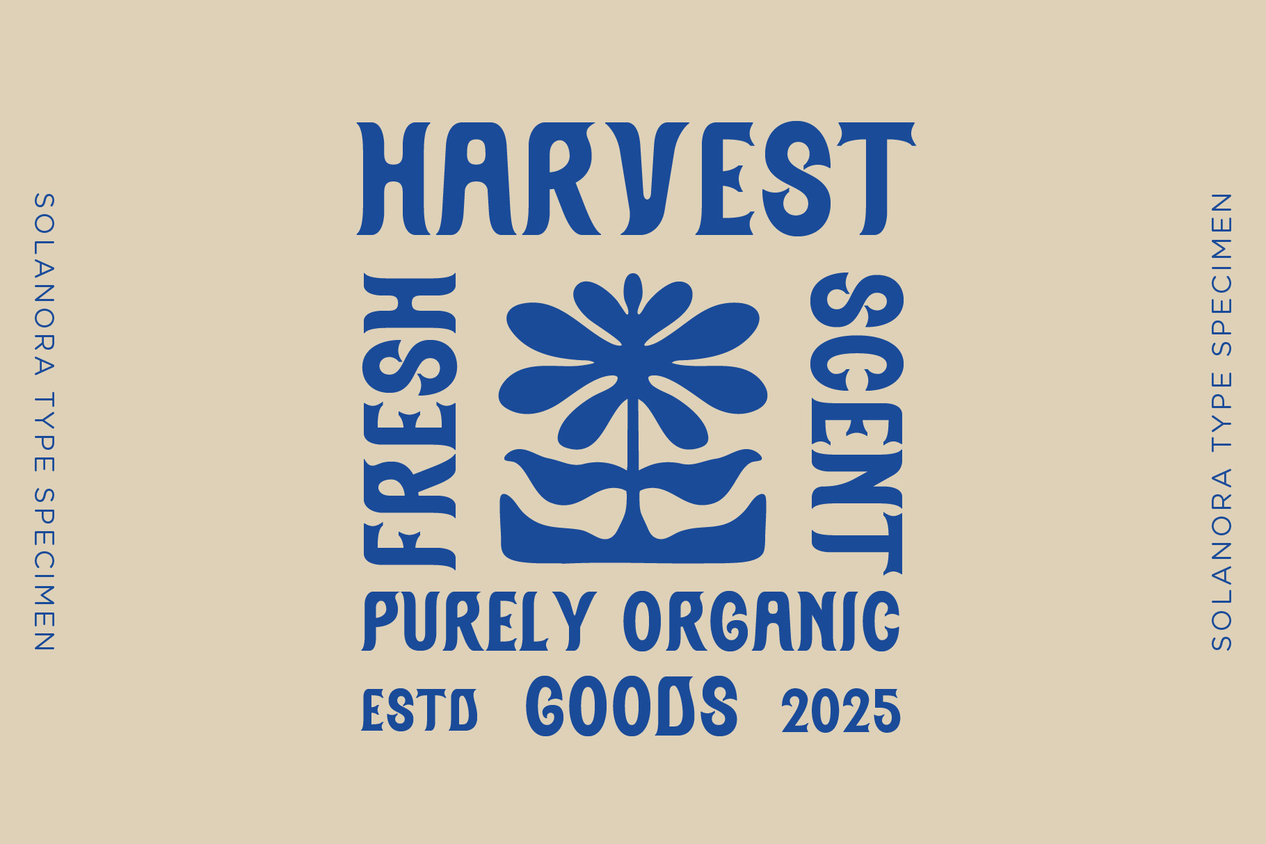 Harvest Fresh Agent organic goods label with blue geometric flower on cream background