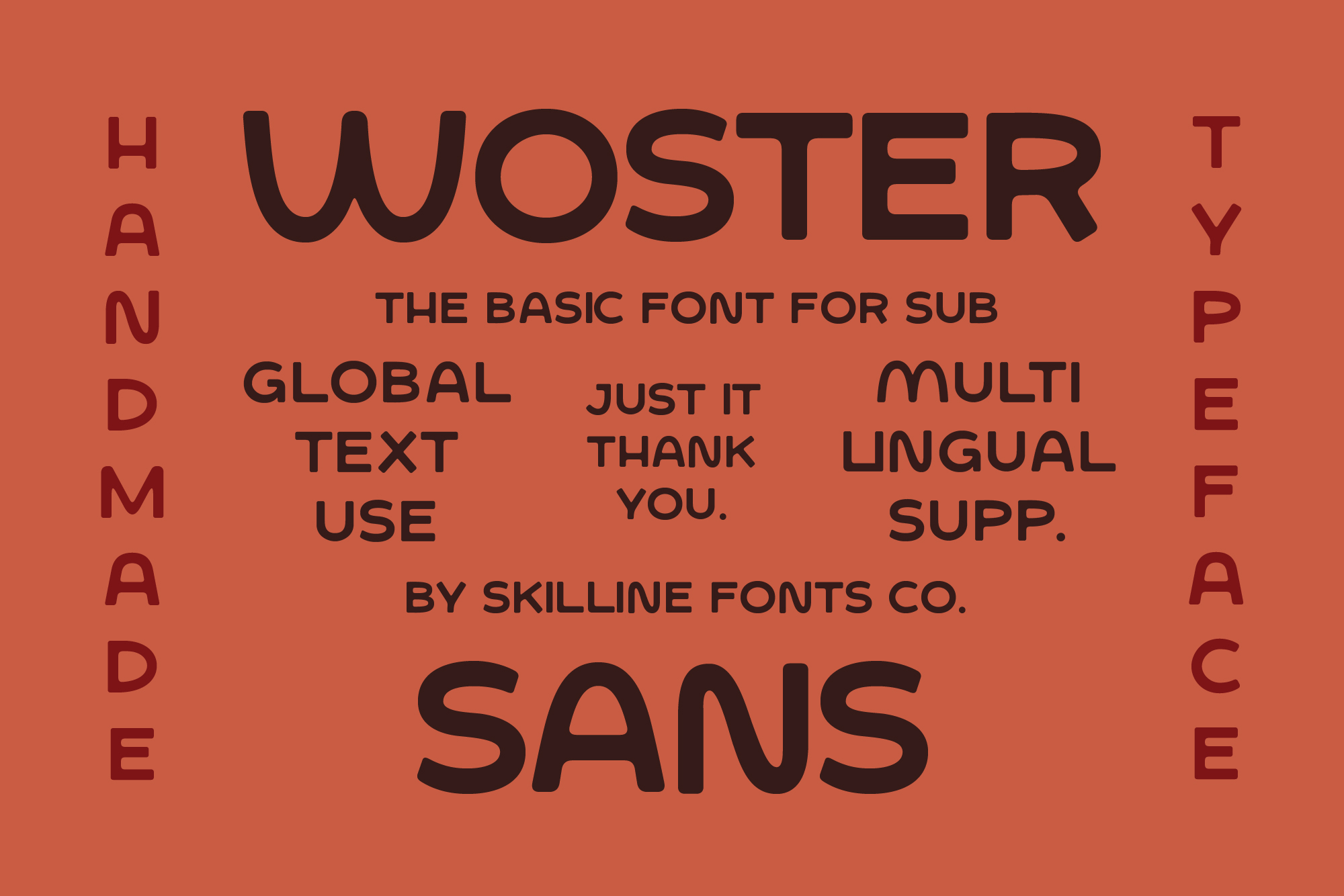 Woster Sans font specimen showing multilingual text on rust orange background