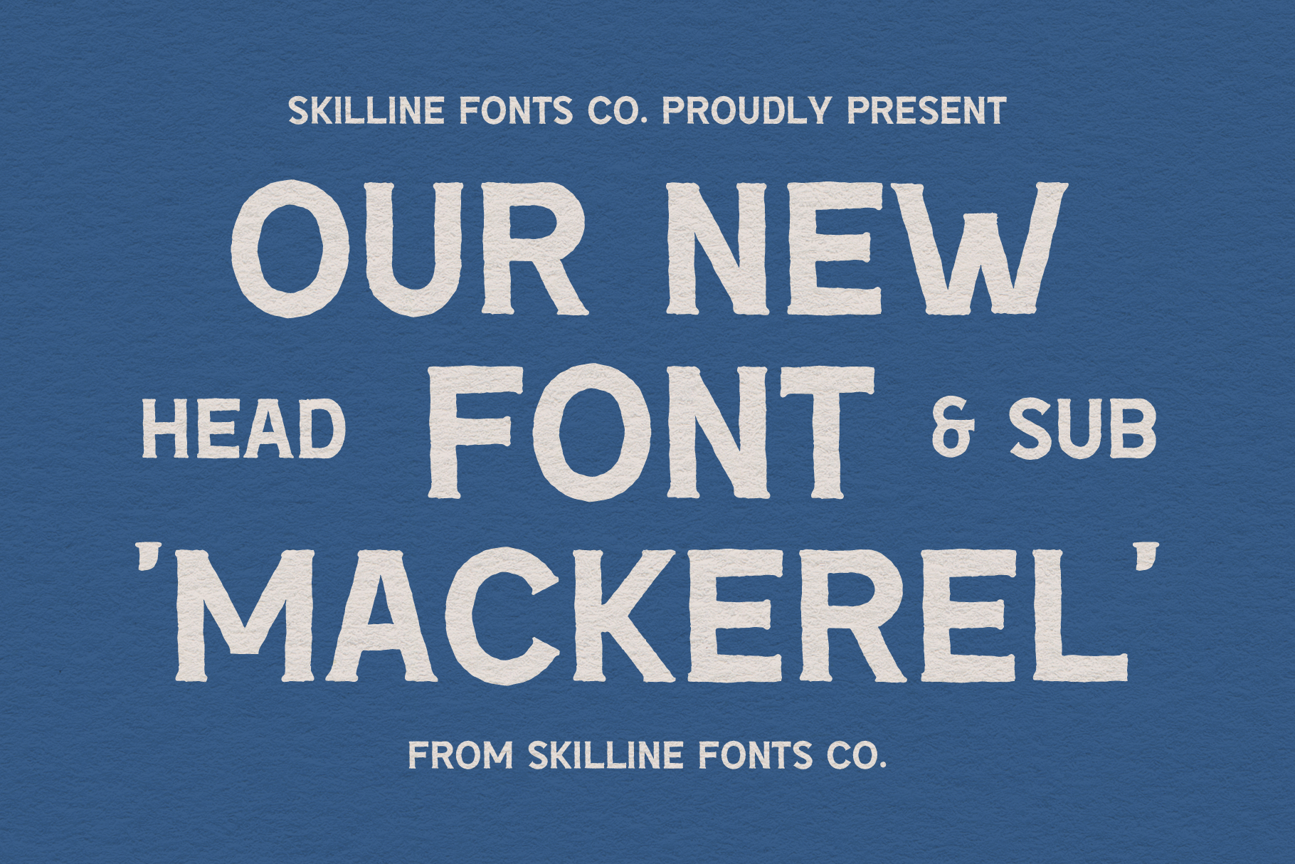 Cream serif typeface specimen on blue background showing Mackerel font family