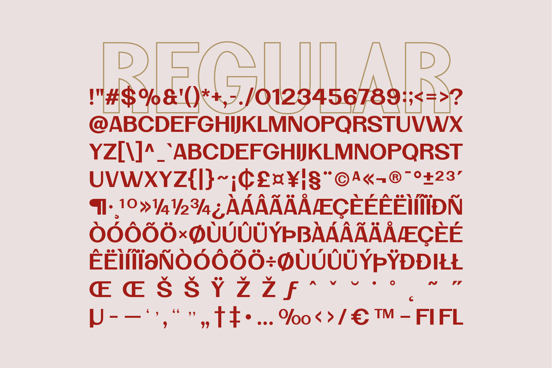 Regular weight typeface displayed in burgundy plus outlined version alongside beige outline style on blush