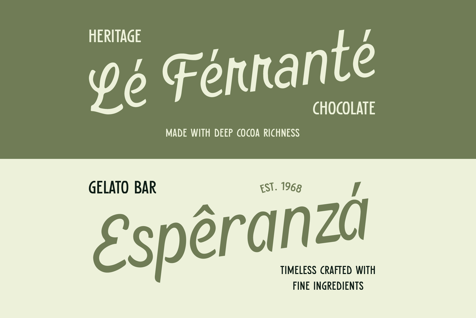 Heritage chocolate brand mockups with decorative serif typeface designs
