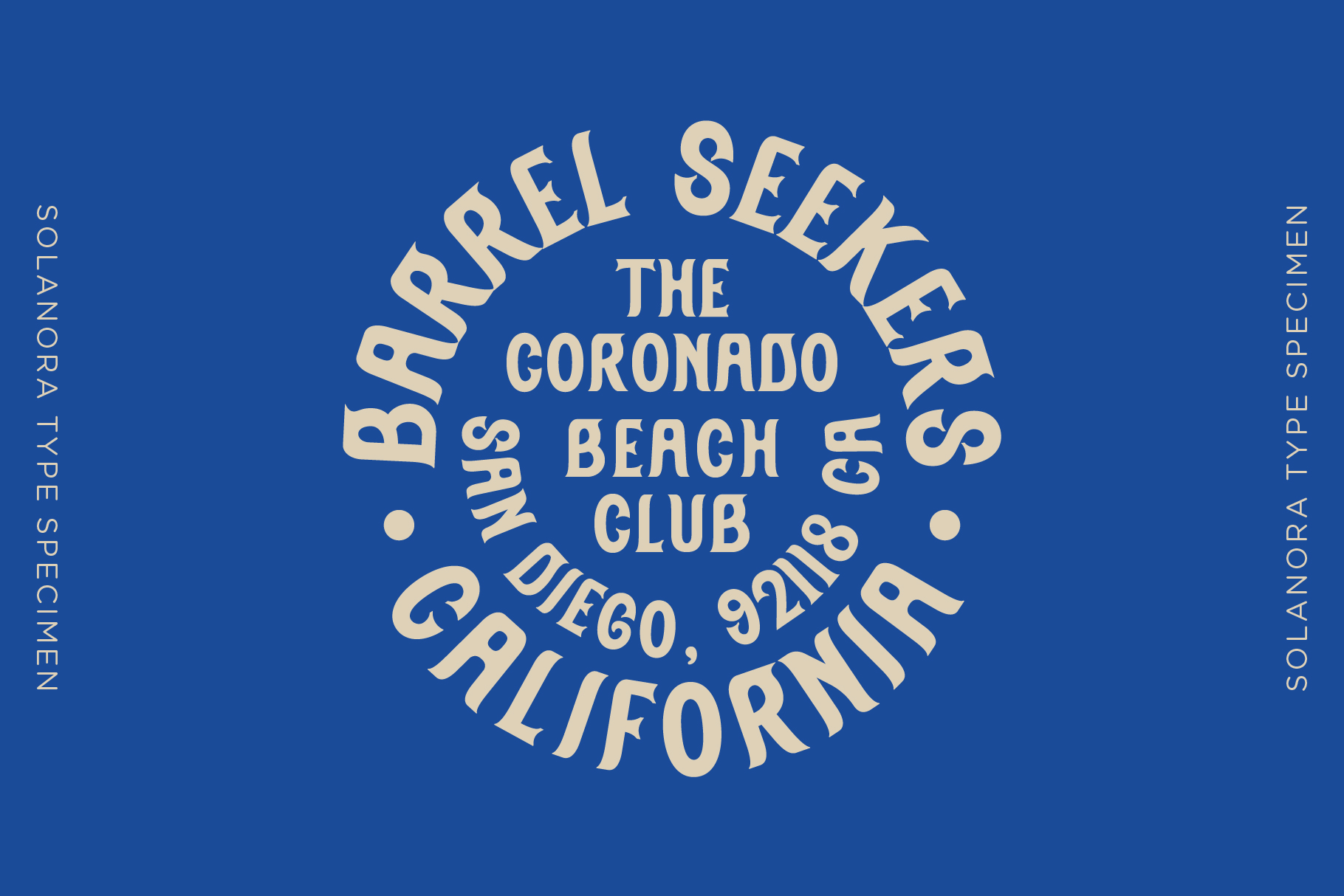 Circular badge design for Barrel Seeker beach club in San Diego with cream text on blue