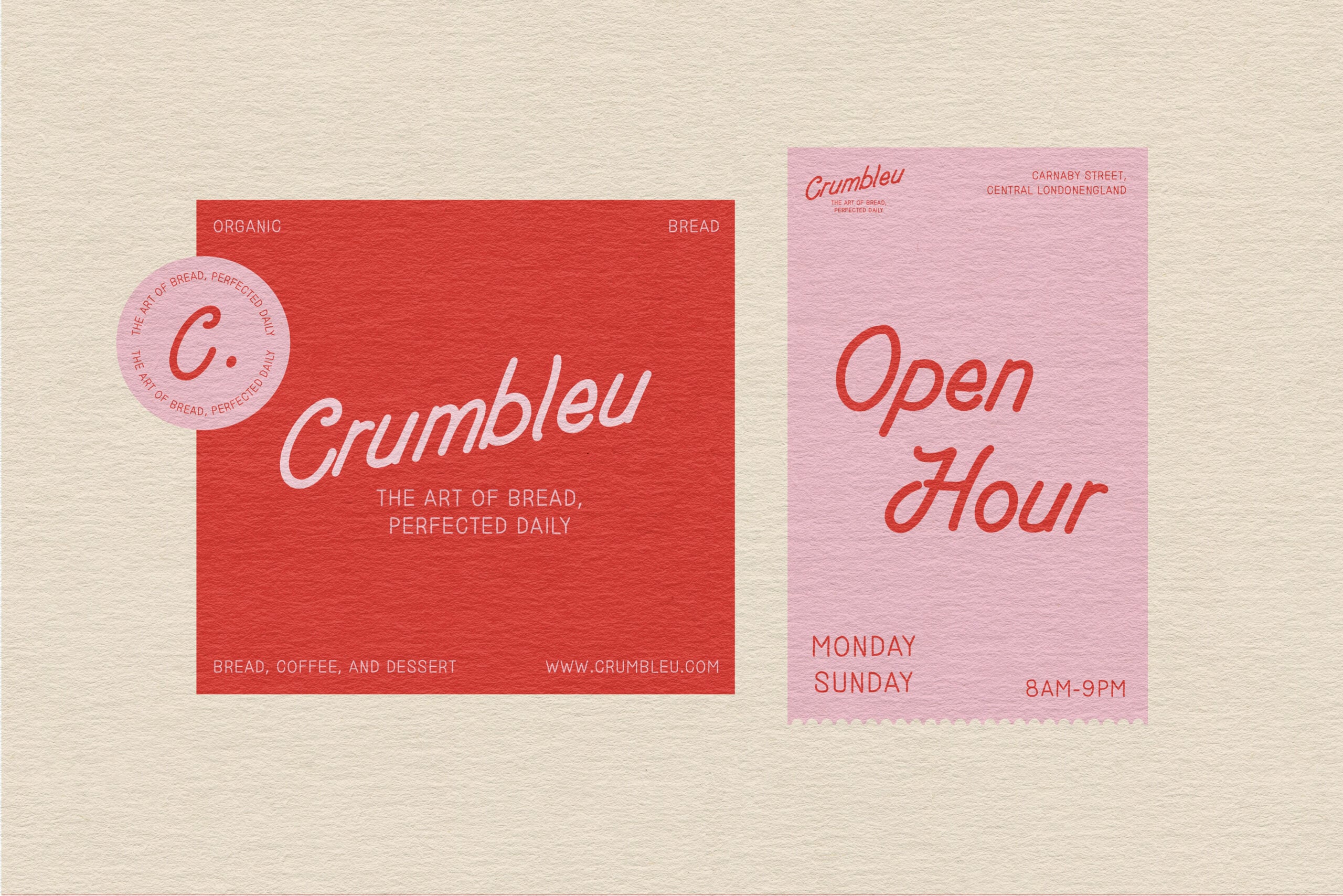Crumbleu script font applied to bakery branding mockup with red bread package design