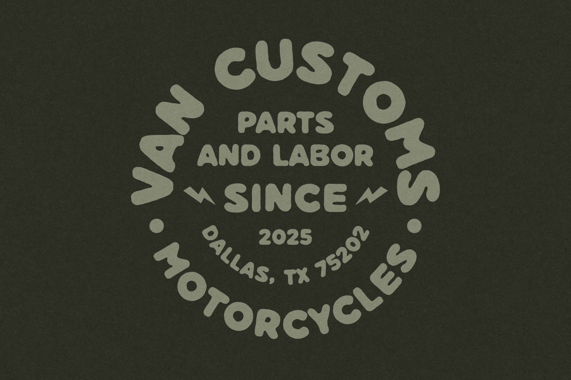 Circular motorcycle shop badge with tan text on dark green background