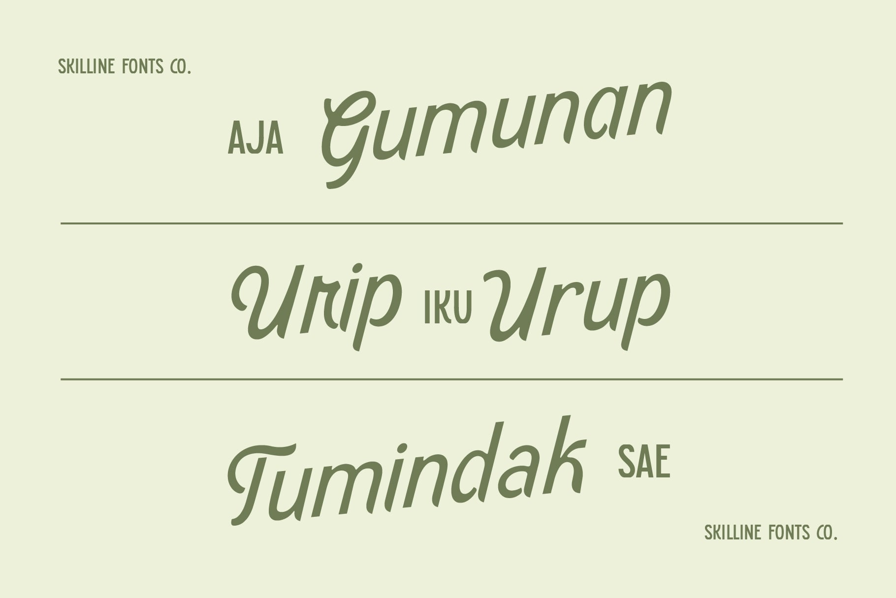Indonesian language samples displaying AJA, Gumuman, Urup, Tumindak fonts