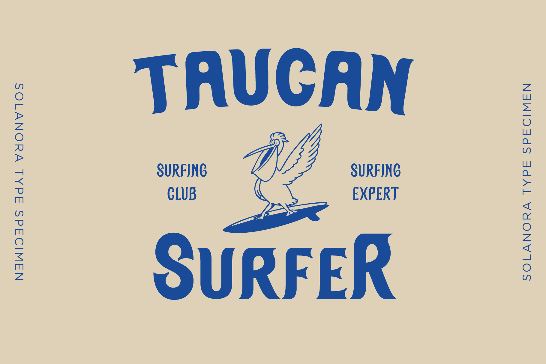 Tougan surfer font with pelican on surfboard, Solano type specimen text layout