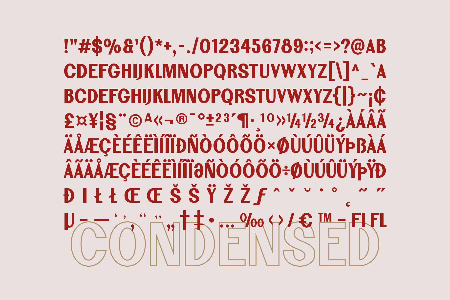 Extended font family showing condensed weights in burgundy with outlined variant on blush background