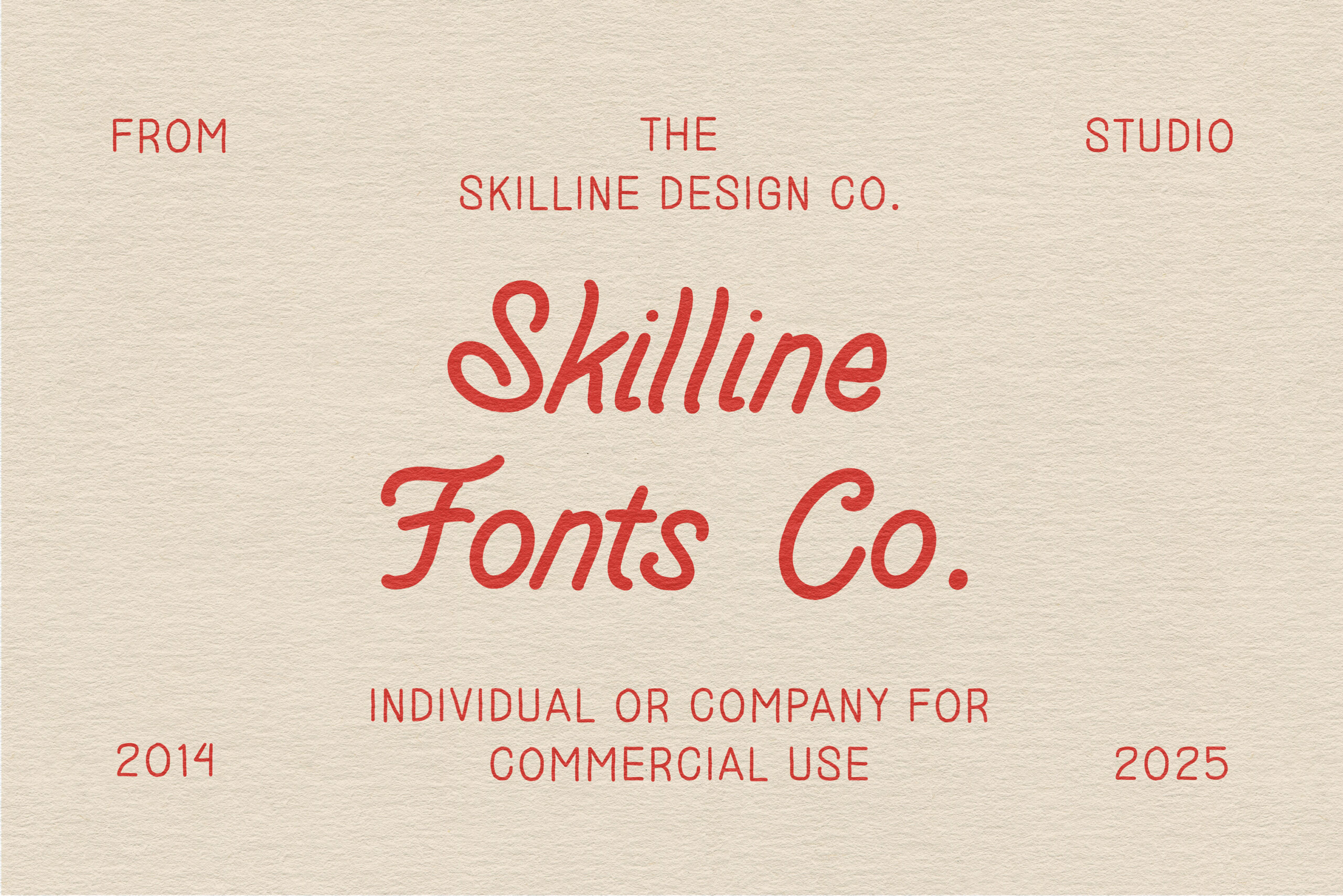 Red serif font license mockup with Skilline Fonts Co branding on textured cream