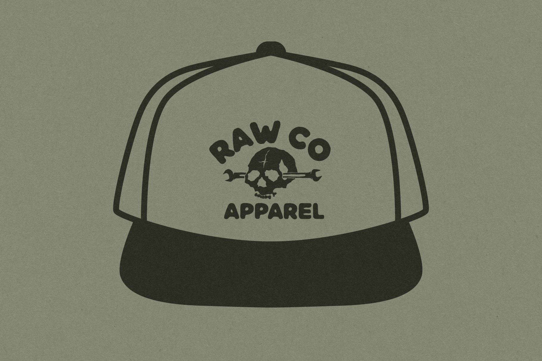 Raw Co Apparel cap mockup with peace symbol logo embroidered on front