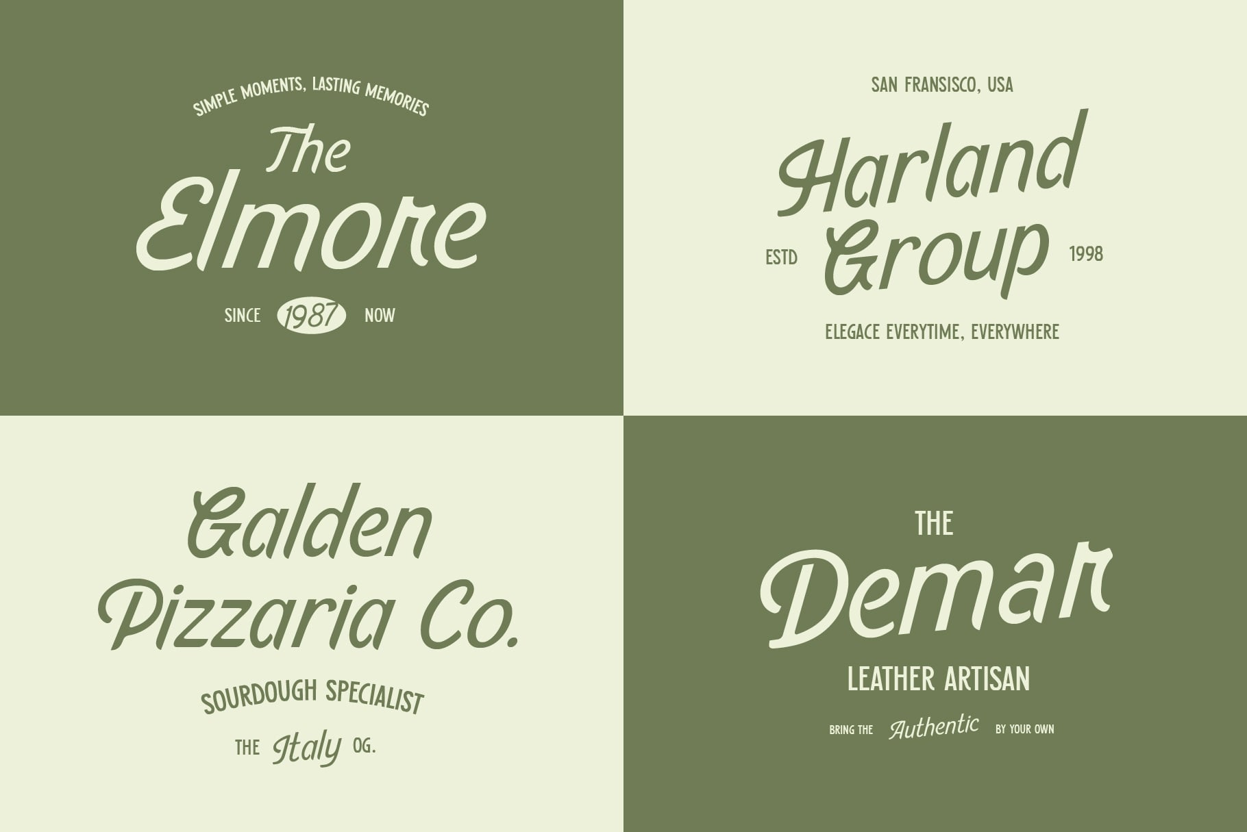 Four brand identity layouts with serif fonts on green cream color blocks
