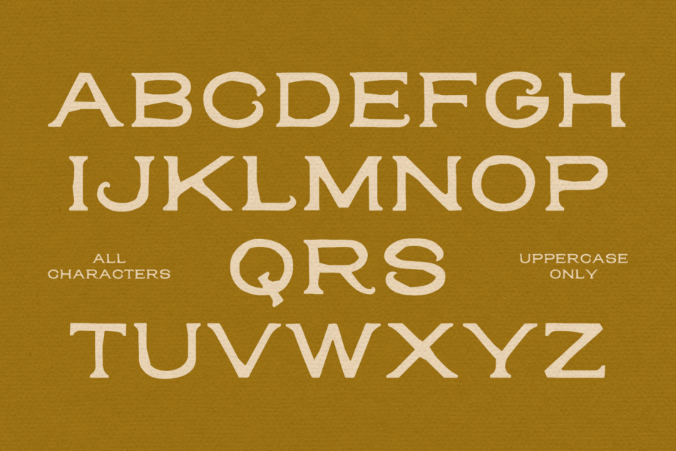 Full uppercase alphabet in serif font on gold background