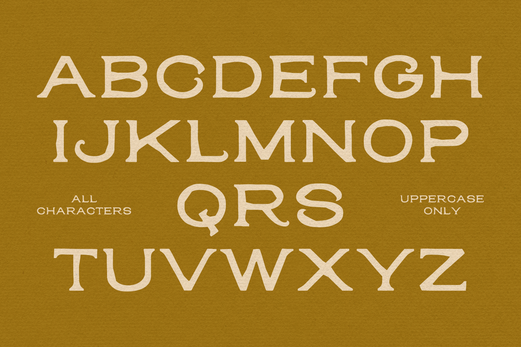 Full uppercase alphabet in serif font on gold background