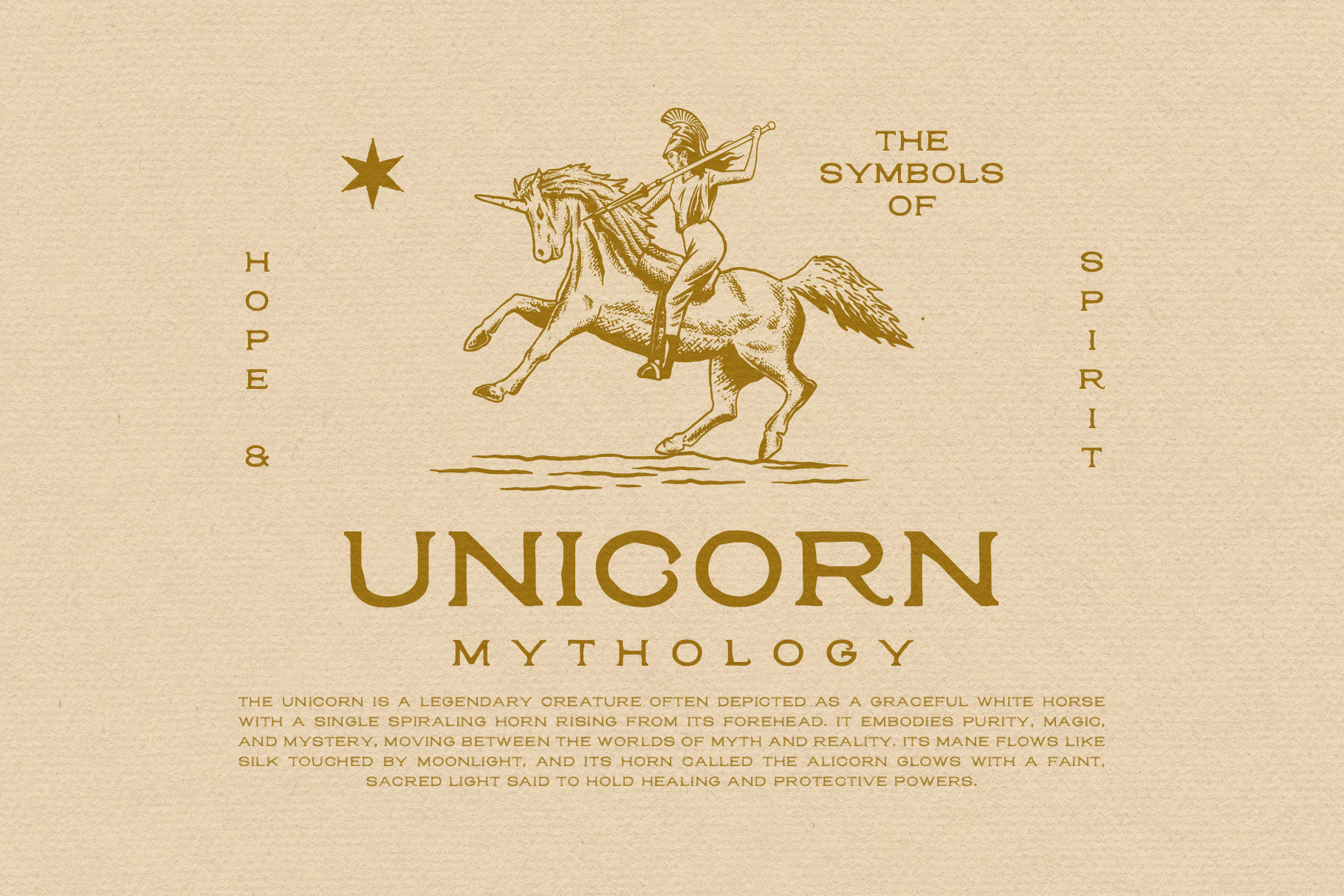 Vintage style unicorn mythology graphic featuring a rider and star symbol. Ideal for designers focused on spirits, hope, magic, fantasy templates.