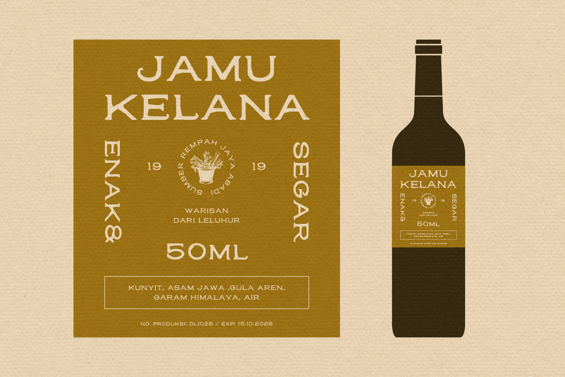 Wine bottle label mockup with gold background featuring Jamu Kelana branding