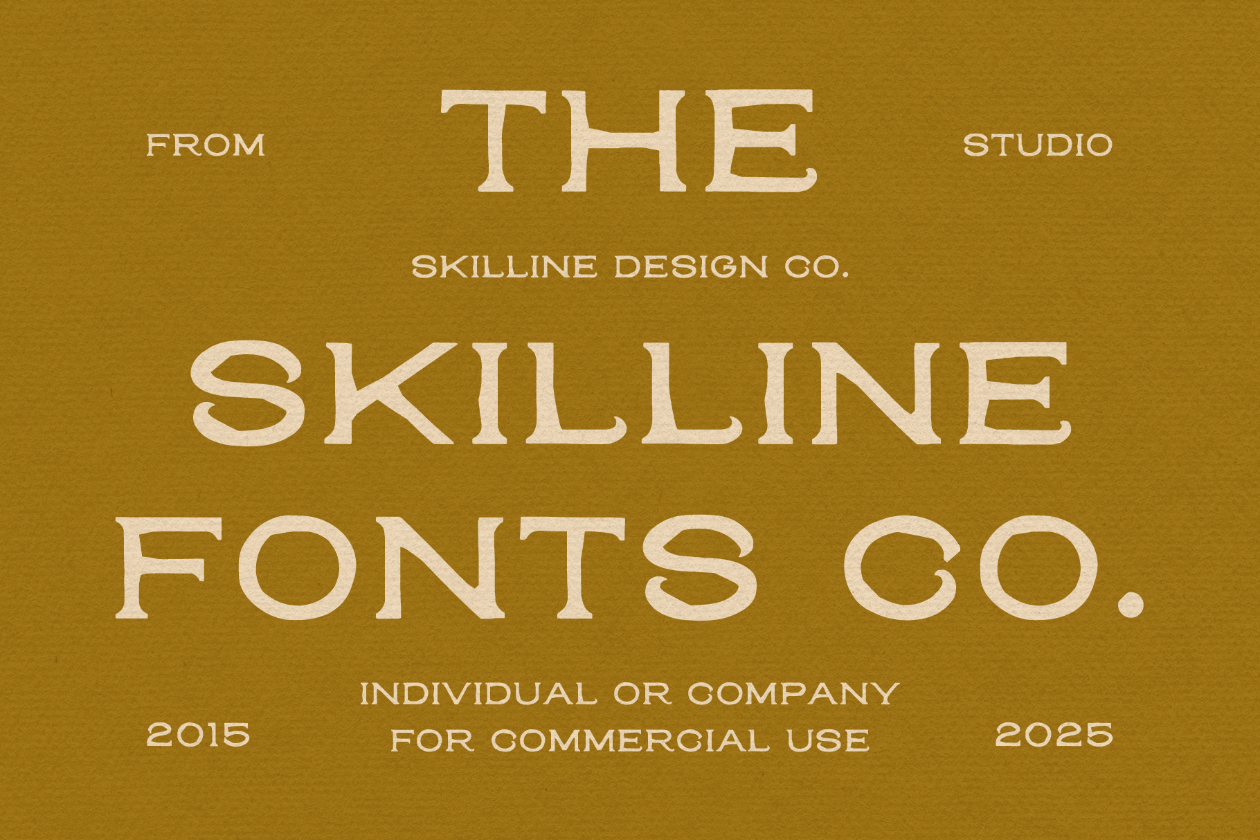 Skilline Fonts serif typeface specimen on gold background vintage style