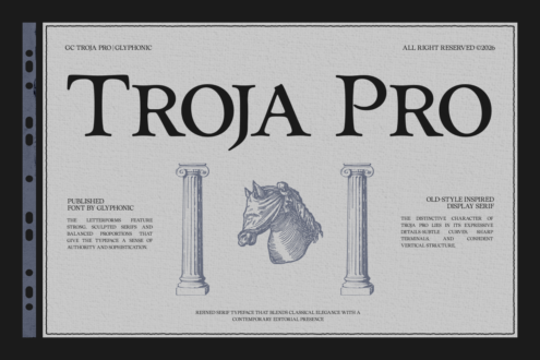 GC Troja Pro glyphonic display with horse motif, columns, text about serif typeface style