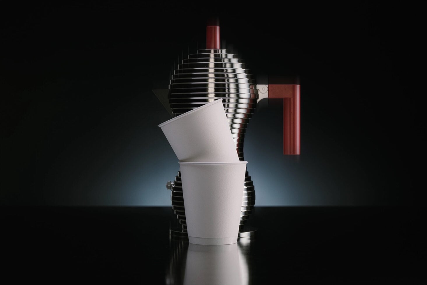 White cups arranged with chrome coffee maker, burgundy handle on dark backdrop