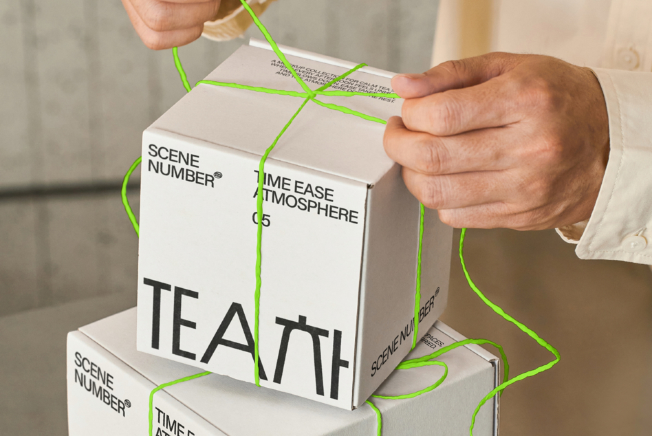 Hands holding stacked white boxes tied with neon green string, Scene Number branding visible
