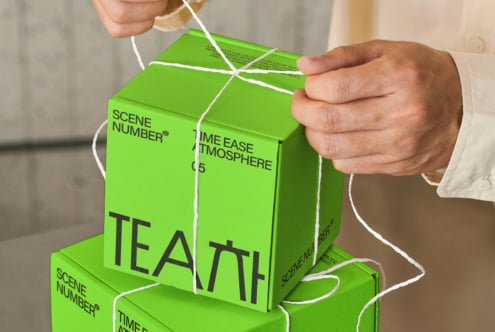 Person holding stacked bright green boxes with white string, product branding on sides visible