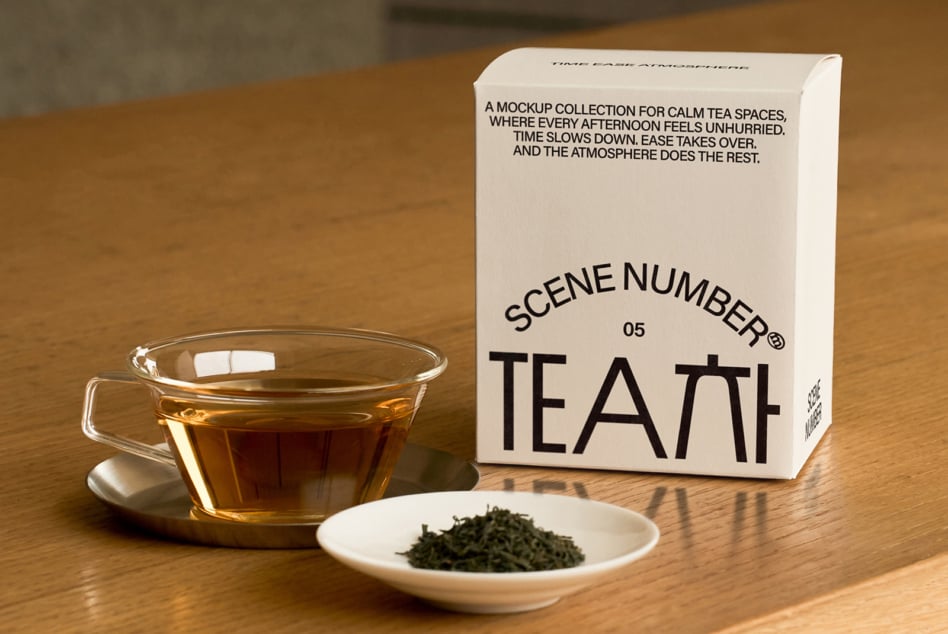 Cream colored tea box packaging displayed with glass cup of steeped tea on wooden surface