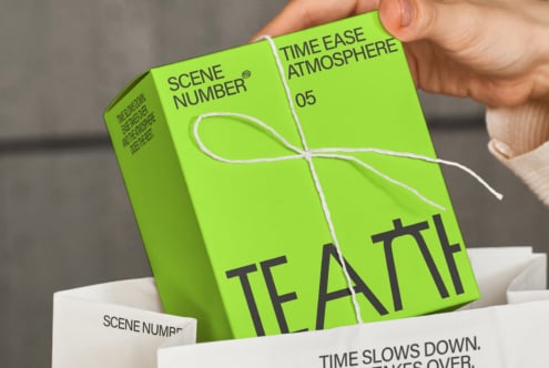 Bright green box with white twine bow, Scene Number branding on side