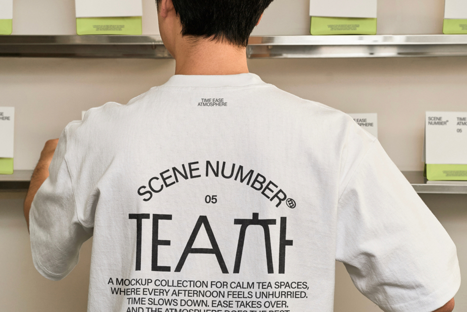 Back view of white shirt with Scene Number 05 Tea text in shelving space