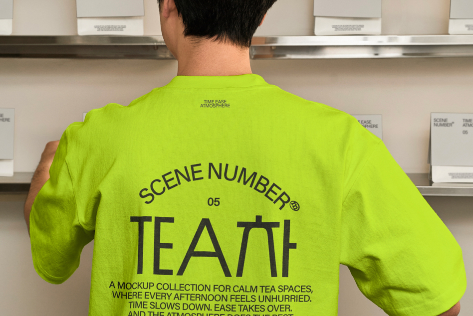 Back view of lime shirt with Scene Number 05 Tea text in shelving space