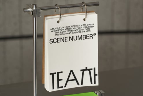 Hanging wooden sign on chrome rod with Scene Number tea branding mockup