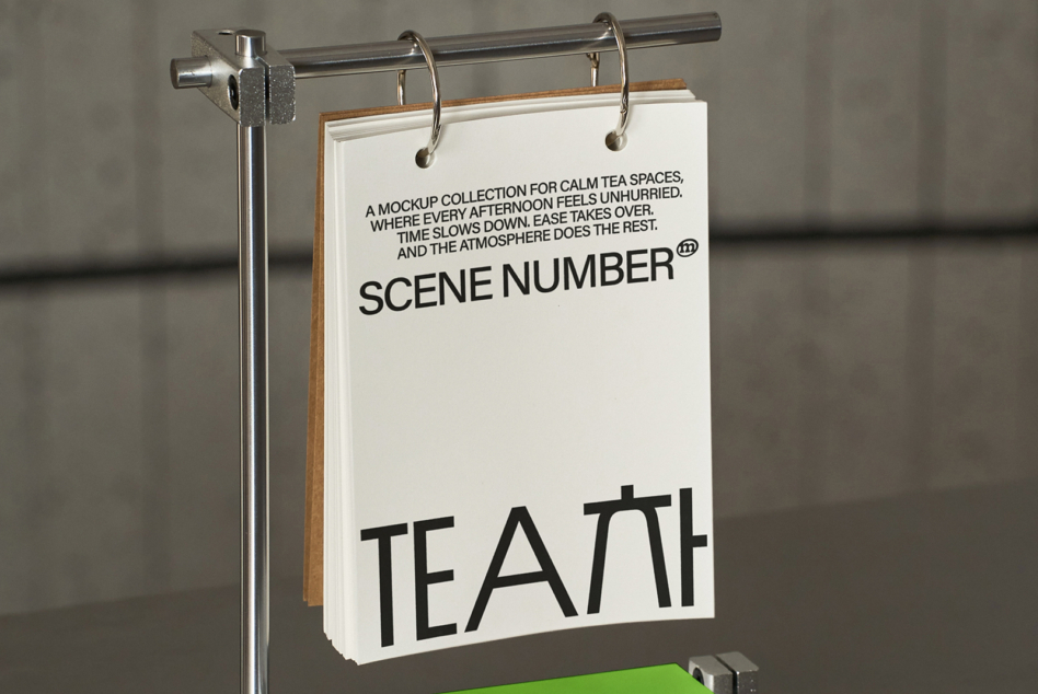 Hanging wooden sign on chrome rod with Scene Number tea branding mockup