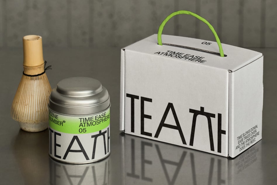 White tea box with bright green handle, editable design, metal canister shown