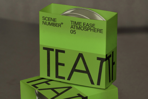 Bright lime green tea packaging box with metallic lid, bold black typography