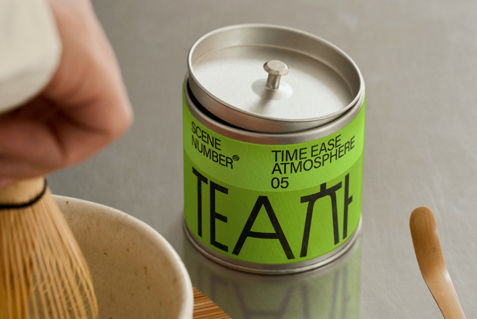 Green tea canister with silver lid next to ceramic bowls on surface