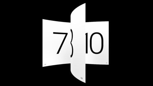 Isometric folded magazine mockup displaying page numbers 07, 08, 10 on white pages against black background