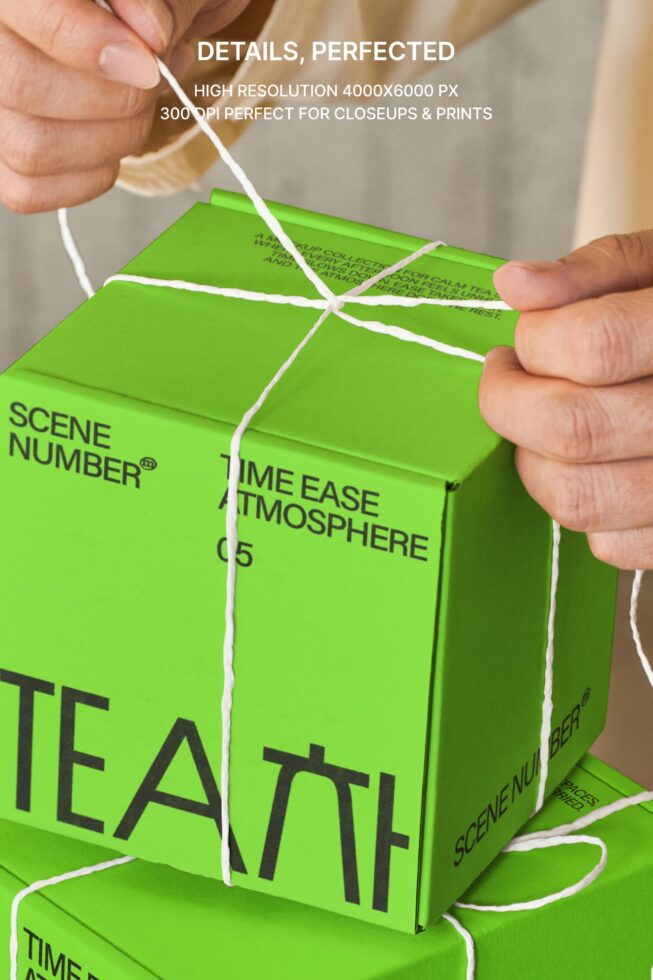 Close up of bright green tea box tied with white string in person's hands