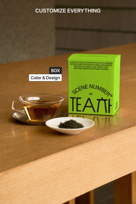 Customizable lime green tea box mockup with tea cup on wooden surface
