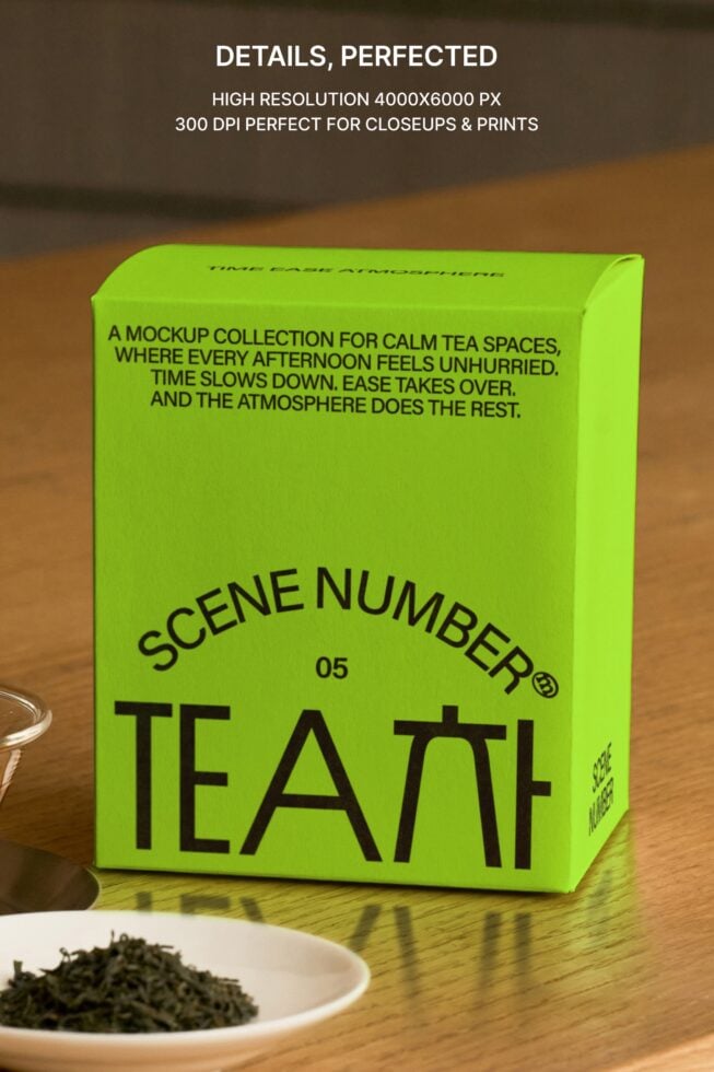 Lime green tea box mockup shown close up at high resolution on wooden table