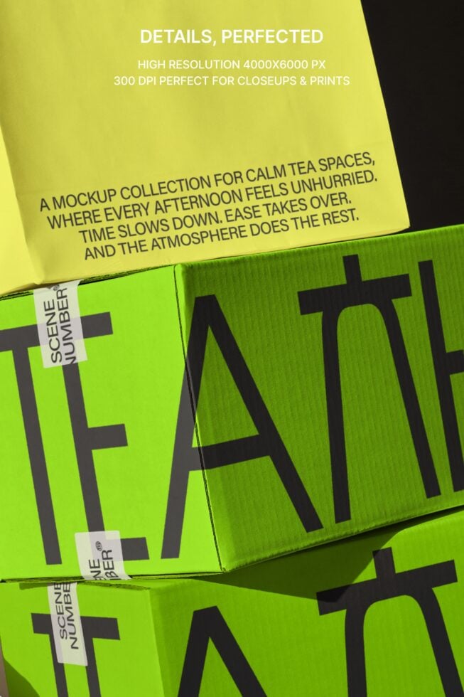 Lime green stacked boxes with white labels, tea time branding mockup collection