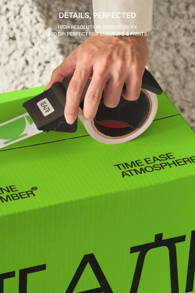 Close-up hand using white tape dispenser on bright green box mockup