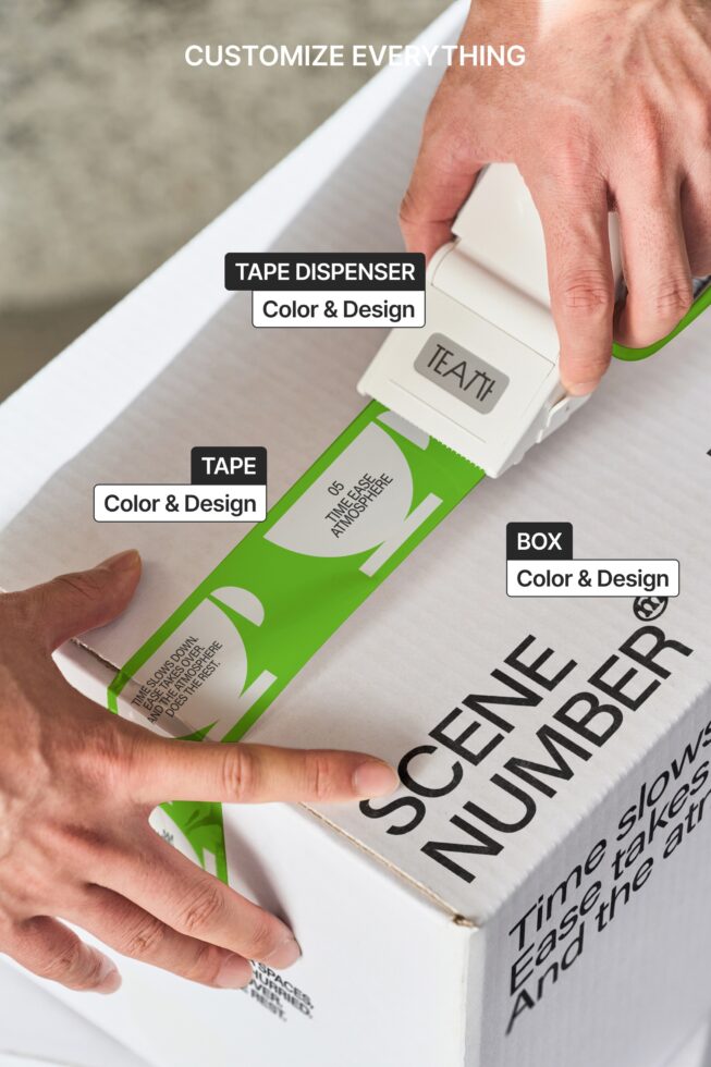 Flat lay showing tape dispenser, tape roll, box mockup with editable labels