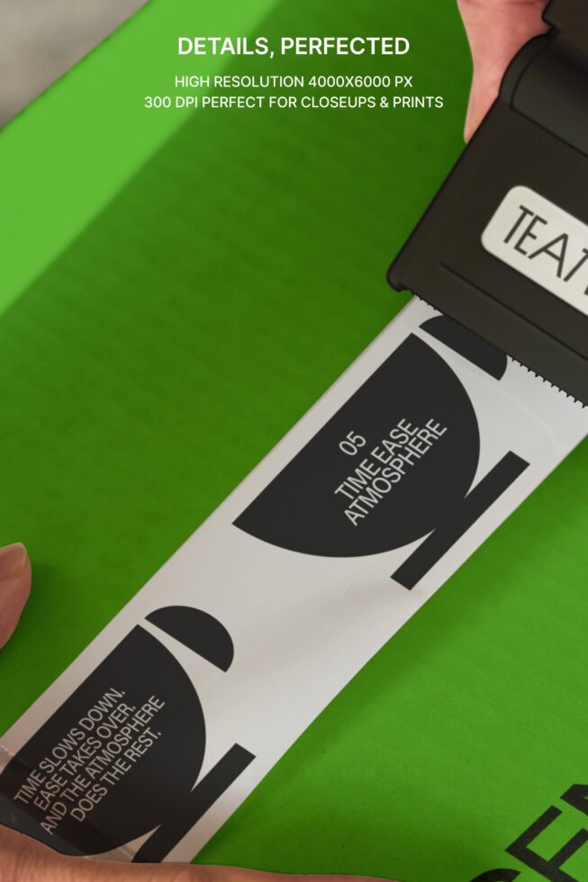 Bright green box mockup with black tape roll dispenser, close-up detail shot