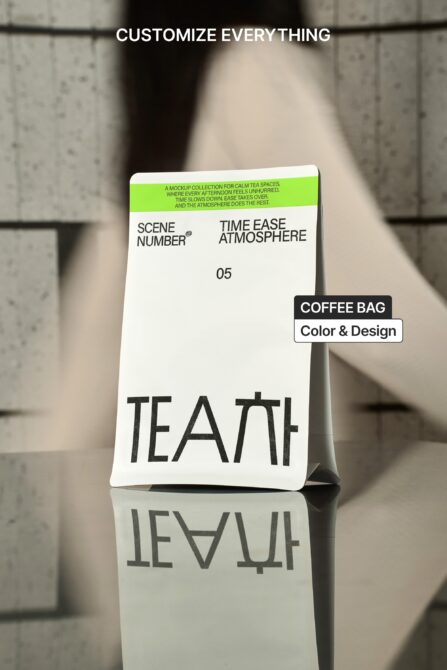 Tall folded coffee bag mockup with white front, green band, TEAM text visible