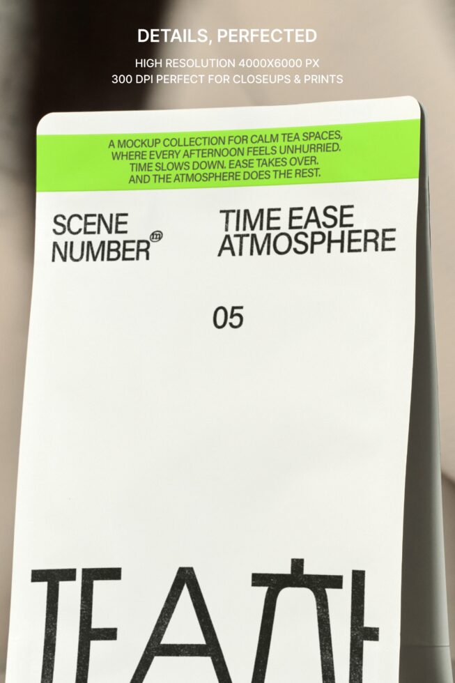 Standing paper sleeve mockup with green header strip, Scene Number branding, TEAM text below