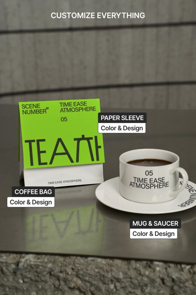 Coffee branding set with green paper sleeve, white mug on saucer, labeled customizable items