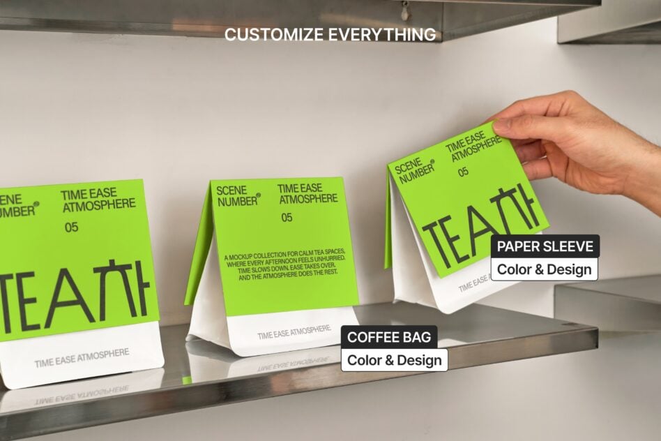 Tea packaging mockup showing coffee bag, paper sleeve customization options