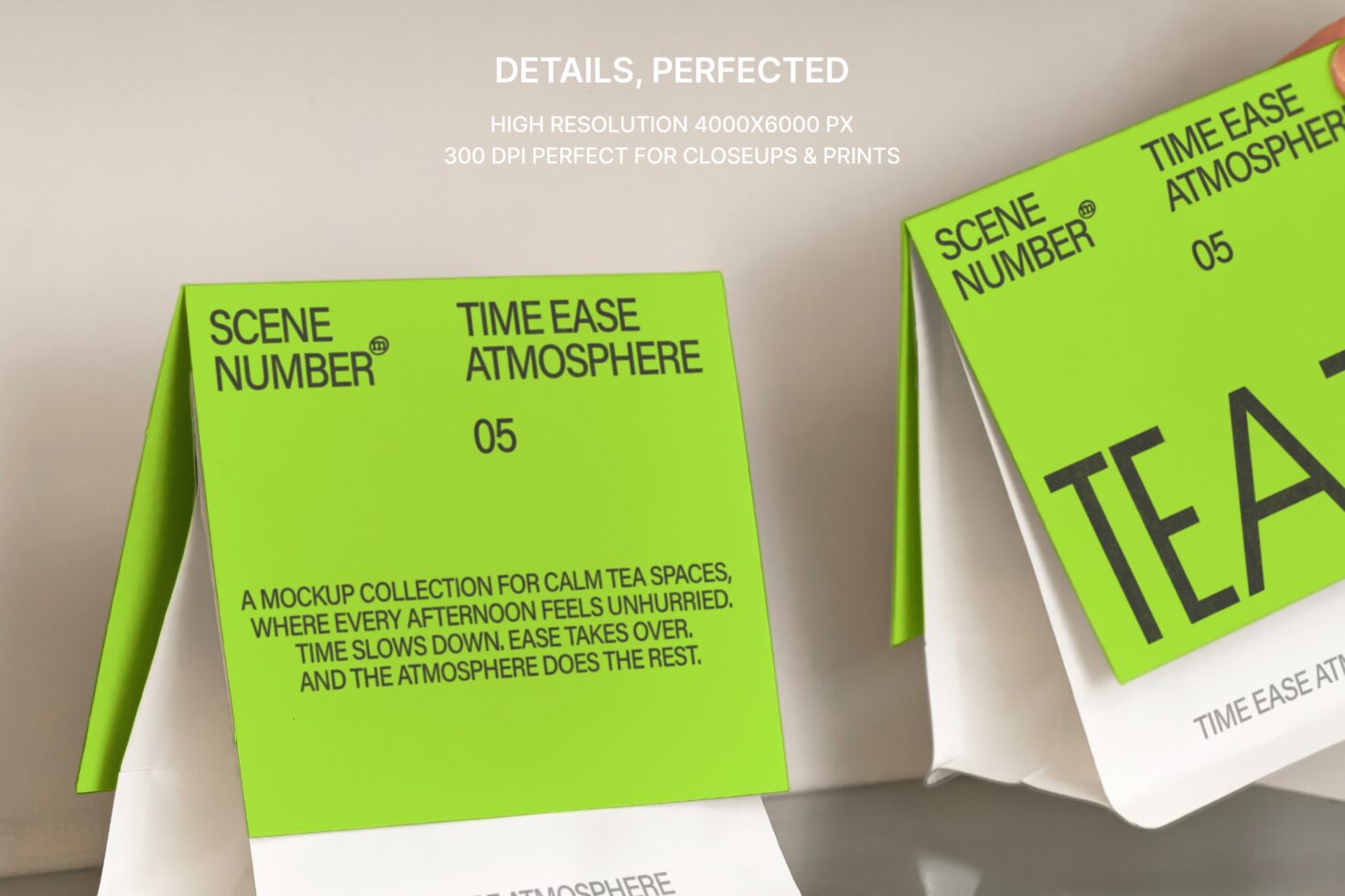 Lime green folded tea box mockup displaying full front design on shelf