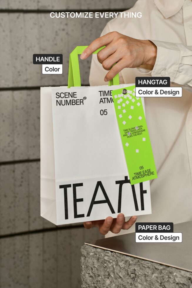Shopping bag held in hands with callout labels for handle, tag, bag customization options